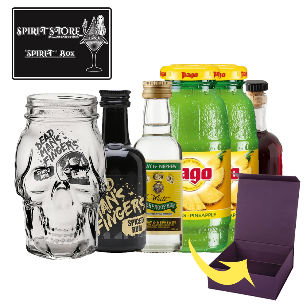 HALLOWEEN SPIRIT BOX GIFT SET (Zombie Cocktail incl DMF Skull Glass, DMF Spiced Rum 5cl, Wray & Nephew 5cl, 2x Pago Pineapple, Grenadine 5cl, Gift Box + Free seasonal sticker)